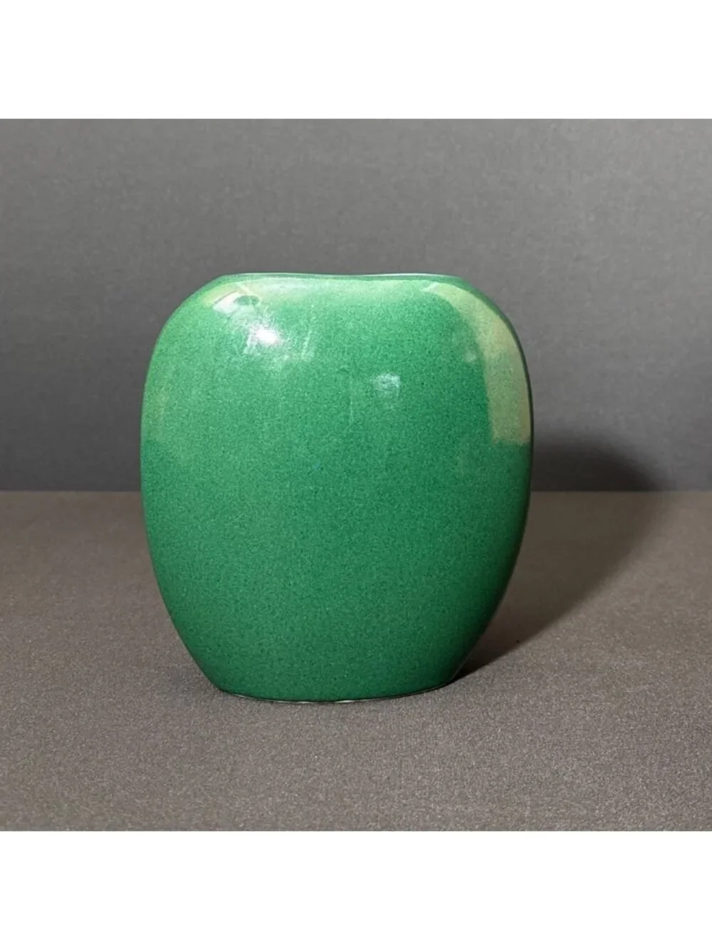 Vintage Green Vase Ceramic Glossy Finish Asymmetrical Oval Shape Modern Design